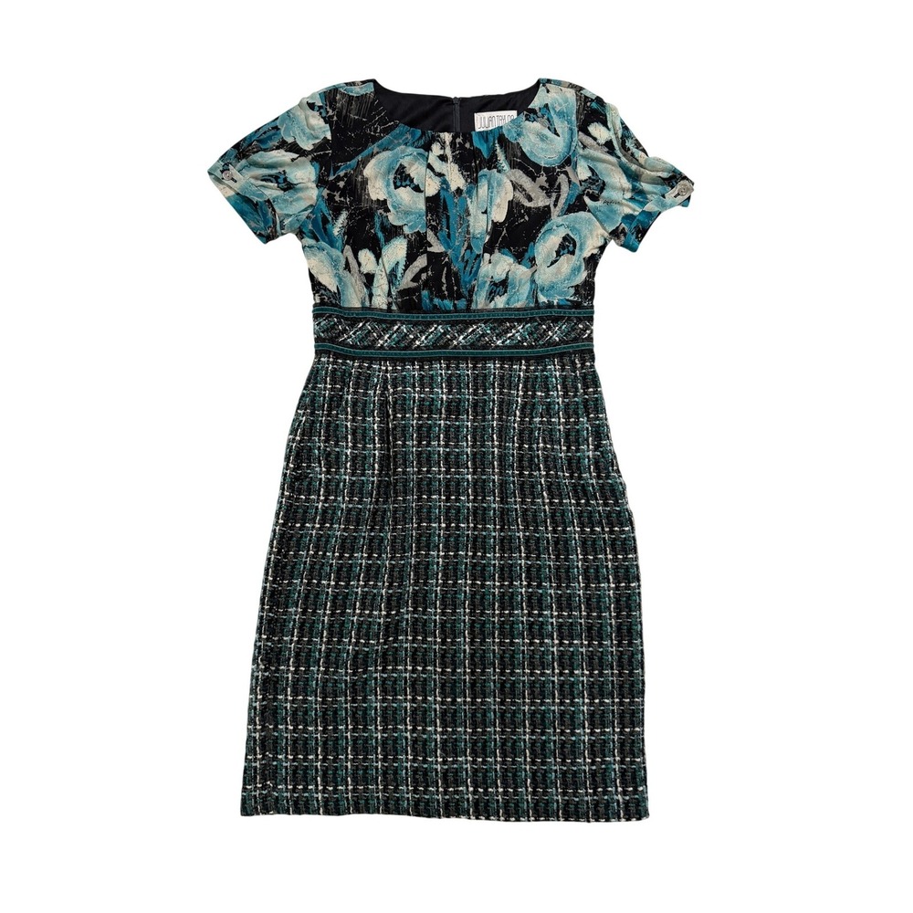 Julian Taylor Size 6 Mixed Media Sheath Dress Tweed Skirt Blue Black